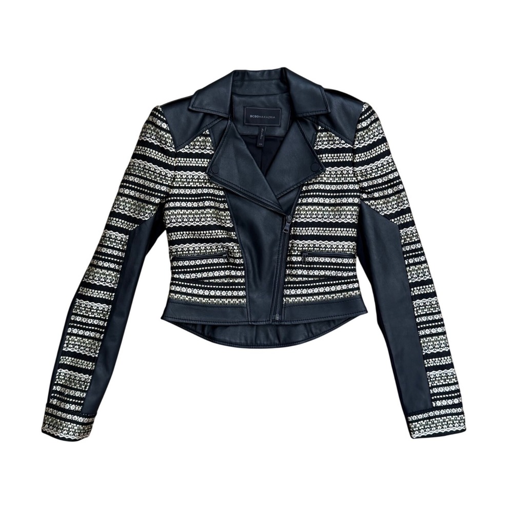 BCBGMAXAZRIA XXS Black Gold Metallic Jacquard Faux Leather Mixed Media Jacket